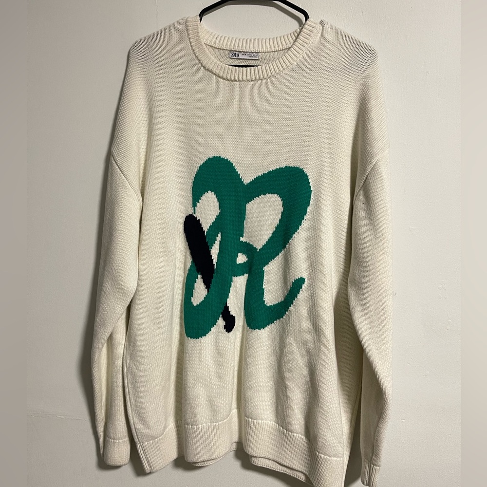 Zara Baseball Cotton Knitted Cream Sweater